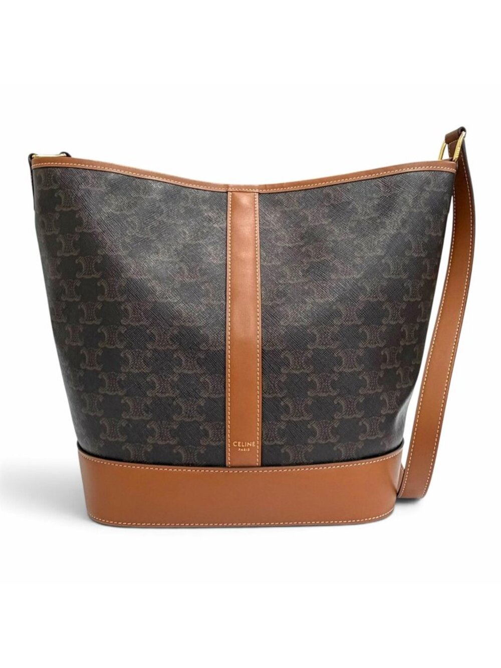 Celine Medium Bucket Triomphe Canvas Calfskin Tan Shoulder Bag Brown